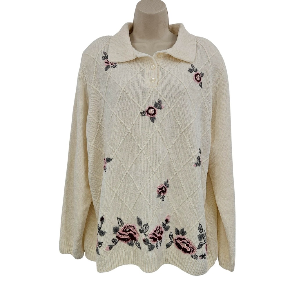 Grandmacore Jumper Sweater Women 1X Embroidered Cabincore Preppy Coastal Grandma